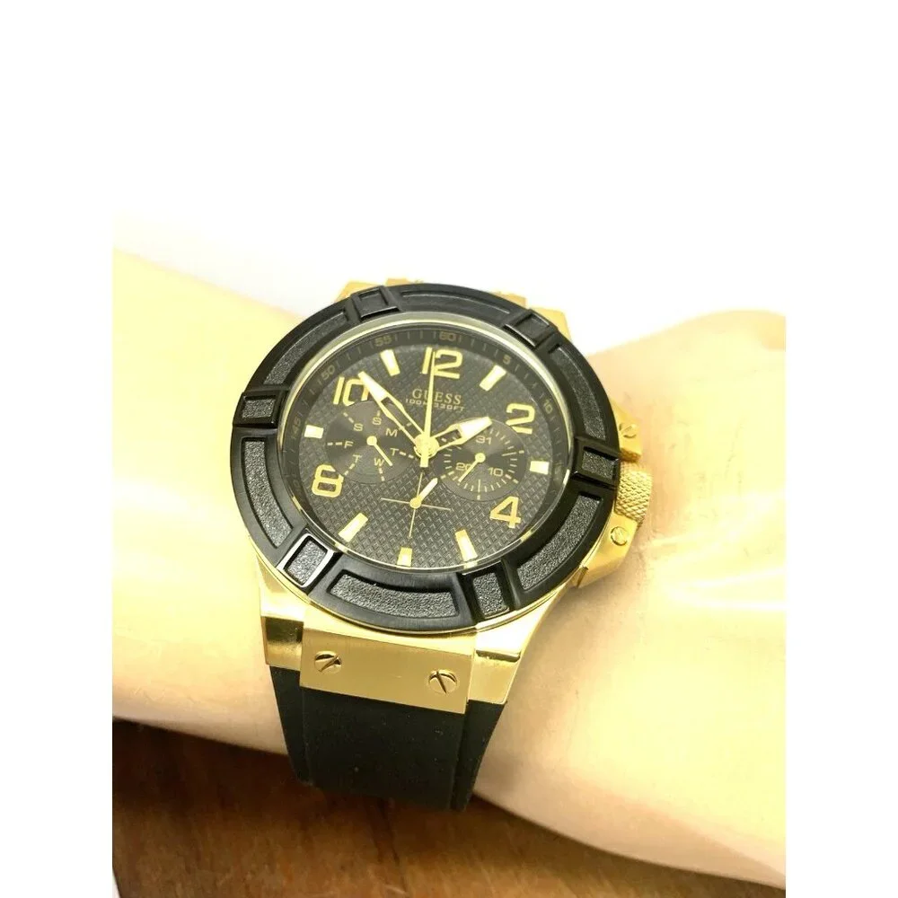 Guess Men's Watch U0247G6 Quartz Black Dial Gold Steel Rubber Strap 45mm